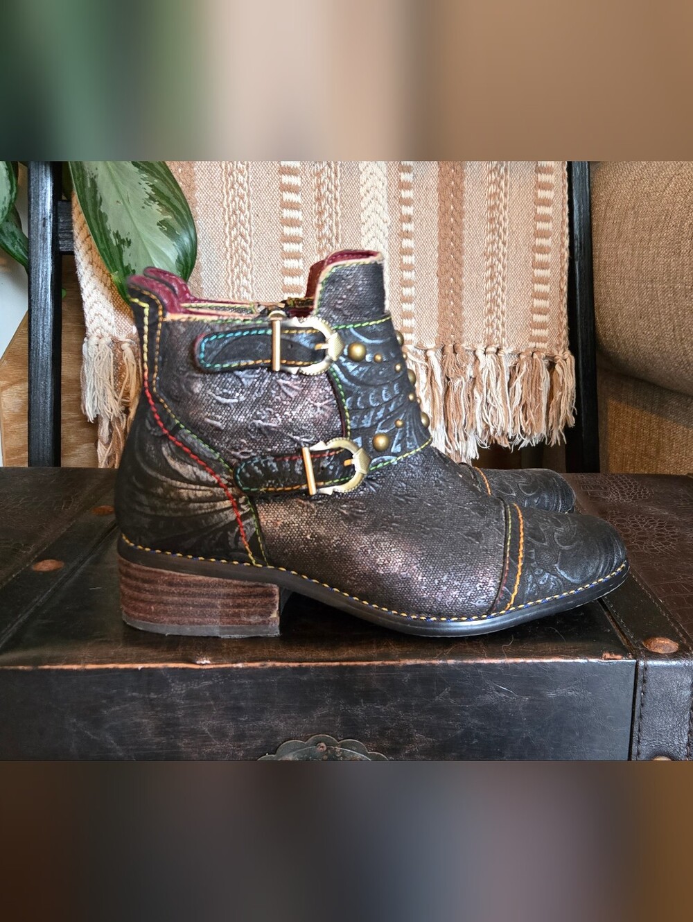 L'Artiste by Spring Step Embossed Leather Studded Booties